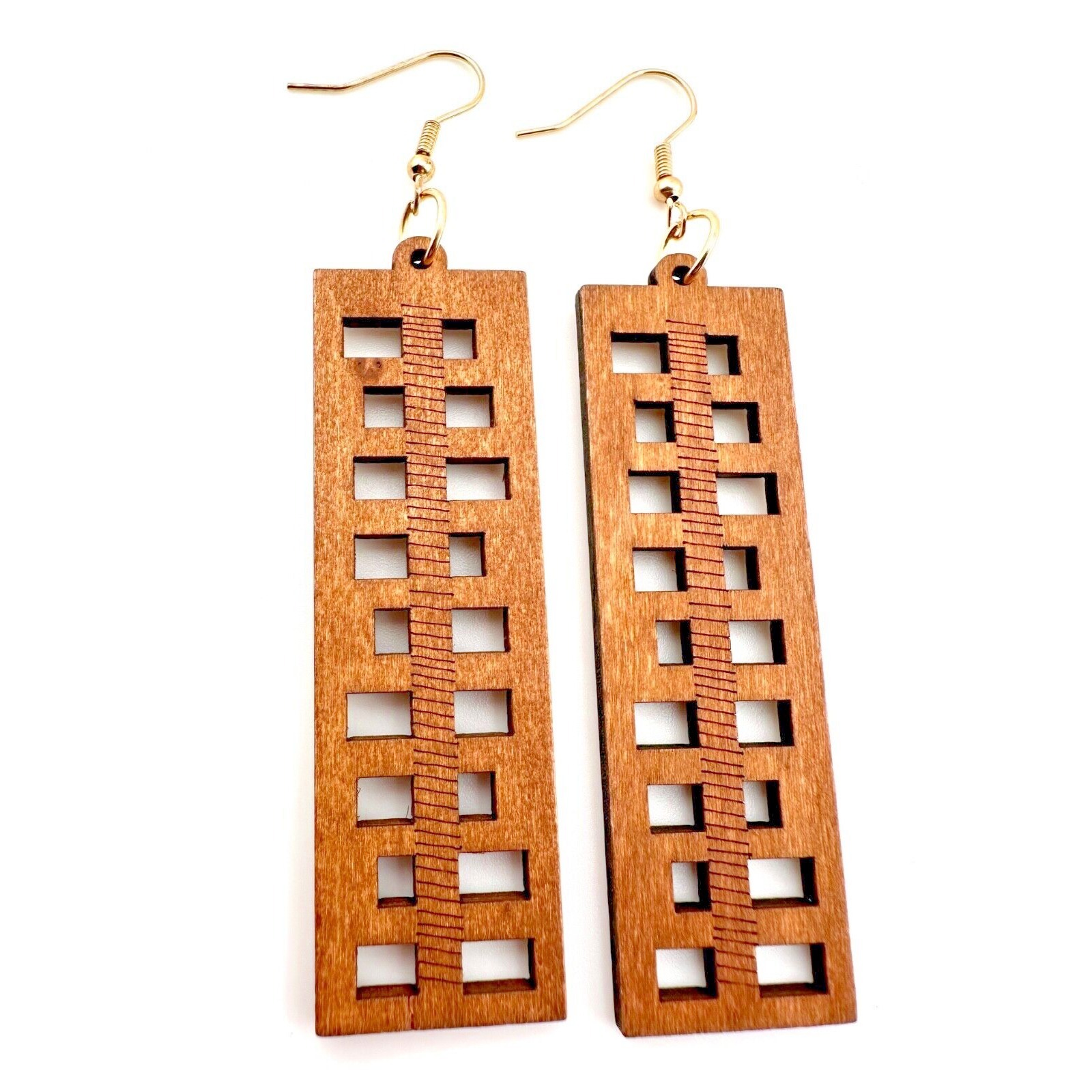 Chestnut Brown Wood Art Deco Window Frame Earrings